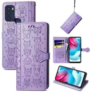 For Motorola Moto G60S Lovely Cat and Dog Embossing Pattern Horizontal Flip Leather Phone Case with Holder & Card Slots & Wallet & Cartoon Clasp & Lanyard(Purple)