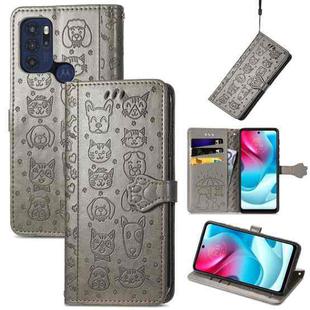 For Motorola Moto G60S Lovely Cat and Dog Embossing Pattern Horizontal Flip Leather Phone Case with Holder & Card Slots & Wallet & Cartoon Clasp & Lanyard(Grey)