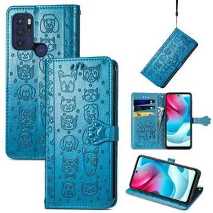 For Motorola Moto G60S Lovely Cat and Dog Embossing Pattern Horizontal Flip Leather Phone Case with Holder & Card Slots & Wallet & Cartoon Clasp & Lanyard(Blue)