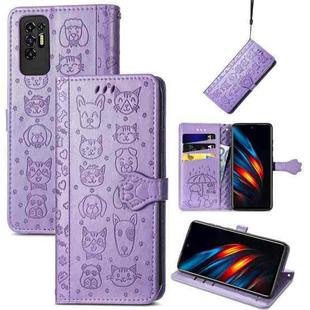For Tecno Pova 2 Lovely Cat and Dog Embossing Pattern Horizontal Flip Leather Phone Case with Holder & Card Slots & Wallet & Cartoon Clasp & Lanyard(Purple)