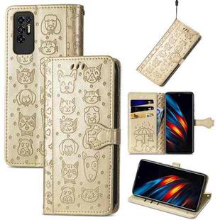 For Tecno Pova 2 Lovely Cat and Dog Embossing Pattern Horizontal Flip Leather Phone Case with Holder & Card Slots & Wallet & Cartoon Clasp & Lanyard(Gold)