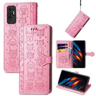 For Tecno Pova 2 Lovely Cat and Dog Embossing Pattern Horizontal Flip Leather Phone Case with Holder & Card Slots & Wallet & Cartoon Clasp & Lanyard(Pink)