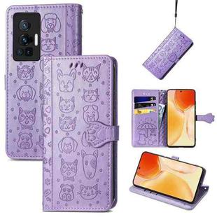 For vivo X70 Pro Lovely Cat and Dog Embossing Pattern Horizontal Flip Leather Phone Case with Holder & Card Slots & Wallet & Cartoon Clasp & Lanyard(Purple)