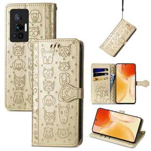 For vivo X70 Pro Lovely Cat and Dog Embossing Pattern Horizontal Flip Leather Phone Case with Holder & Card Slots & Wallet & Cartoon Clasp & Lanyard(Gold)