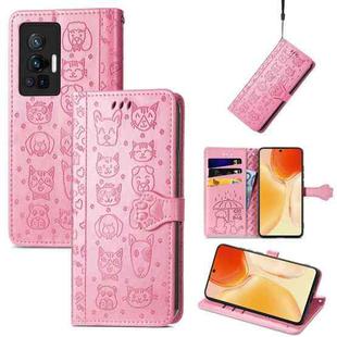 For vivo X70 Pro Lovely Cat and Dog Embossing Pattern Horizontal Flip Leather Phone Case with Holder & Card Slots & Wallet & Cartoon Clasp & Lanyard(Pink)