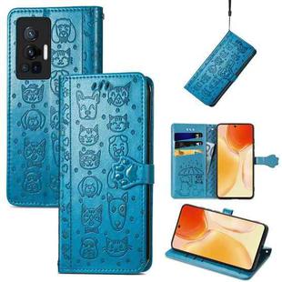 For vivo X70 Pro Lovely Cat and Dog Embossing Pattern Horizontal Flip Leather Phone Case with Holder & Card Slots & Wallet & Cartoon Clasp & Lanyard(Blue)