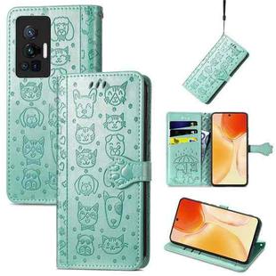 For vivo X70 Pro Lovely Cat and Dog Embossing Pattern Horizontal Flip Leather Phone Case with Holder & Card Slots & Wallet & Cartoon Clasp & Lanyard(Green)