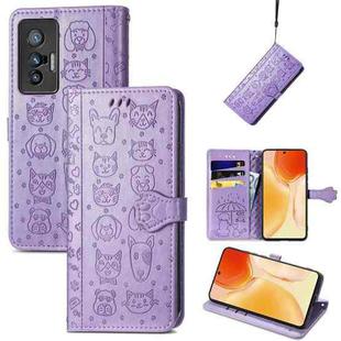 For vivo X70 Lovely Cat and Dog Embossing Pattern Horizontal Flip Leather Phone Case with Holder & Card Slots & Wallet & Cartoon Clasp & Lanyard(Purple)