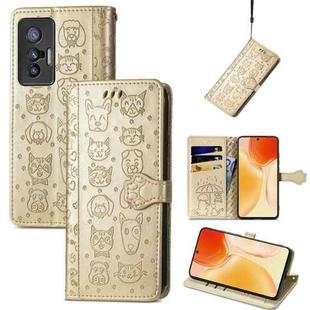 For vivo X70 Lovely Cat and Dog Embossing Pattern Horizontal Flip Leather Phone Case with Holder & Card Slots & Wallet & Cartoon Clasp & Lanyard(Gold)