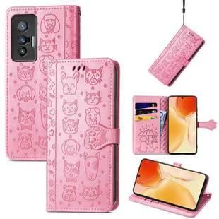 For vivo X70 Lovely Cat and Dog Embossing Pattern Horizontal Flip Leather Phone Case with Holder & Card Slots & Wallet & Cartoon Clasp & Lanyard(Pink)