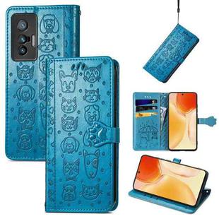 For vivo X70 Lovely Cat and Dog Embossing Pattern Horizontal Flip Leather Phone Case with Holder & Card Slots & Wallet & Cartoon Clasp & Lanyard(Blue)