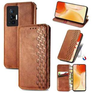 For vivo X70 Pro Cubic Grid Pressed Horizontal Flip Magnetic Leather Phone Case with Holder & Card Slots & Wallet(Brown)