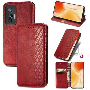 For vivo X70 Cubic Grid Pressed Horizontal Flip Magnetic Leather Phone Case with Holder & Card Slots & Wallet(Red)