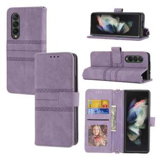 For Samsung Galaxy Z Fold3 5G Embossed Striped Magnetic Buckle PU + TPU Horizontal Flip Phone Leather Case(Purple)