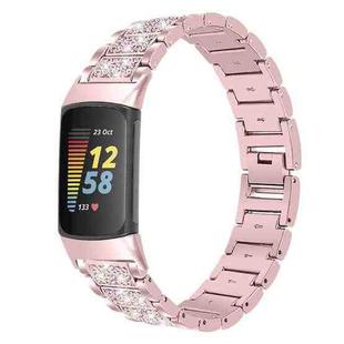 For Fitbit Charge 5 Diamond Stainless Steel Watch Band(Rose Pink)