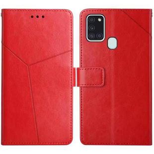 For Samsung Galaxy A21s EU Version Y Stitching Horizontal Flip Leather Case with Holder & Card Slots & Wallet & Photo Frame(Red)