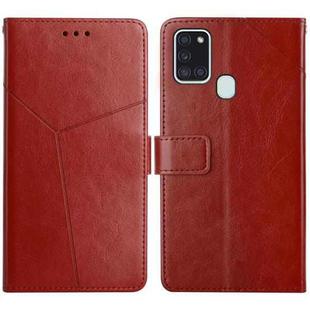 For Samsung Galaxy A21s EU Version Y Stitching Horizontal Flip Leather Case with Holder & Card Slots & Wallet & Photo Frame(Brown)