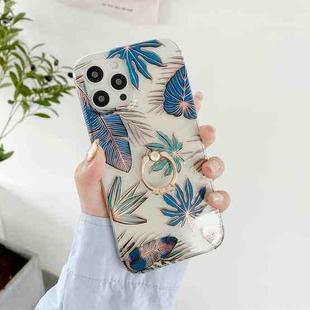 For iPhone 13 Plating Transparent Double-sided Film IMD TPU Phone Case with Ring Holder(Banana Leaf DX-58)