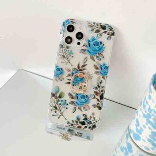 For iPhone 13 Plating Transparent Double-sided Film IMD TPU Phone Case with Ring Holder(Blue Rose DX-56)