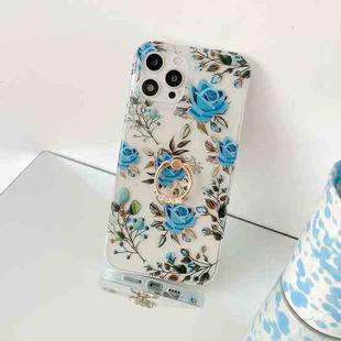 For iPhone 13 Pro Plating Transparent Double-sided Film IMD TPU Phone Case with Ring Holder (Blue Rose DX-56)