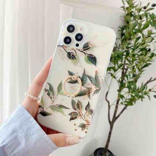For iPhone 12 Pro Max Plating Transparent Double-sided Film IMD TPU Phone Case with Ring Holder(Wedding Bouquet Leaves DX-57)