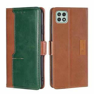 For Samsung Galaxy A22 5G Retro Texture Contrast Color Buckle Horizontal Flip Leather Case with Holder(Light Brown+Green)