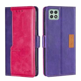 For Samsung Galaxy A22 5G Retro Texture Contrast Color Buckle Horizontal Flip Leather Case with Holder(Purple+Rose Red)