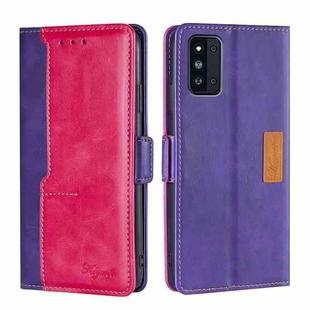 For Samsung Galaxy F52 5G Retro Texture Contrast Color Buckle Horizontal Flip Leather Case with Holder(Purple+Rose Red)