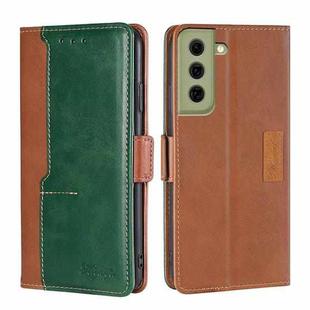 For Samsung Galaxy S21 FE 5G Retro Texture Contrast Color Buckle Horizontal Flip Leather Case with Holder(Light Brown+Green)