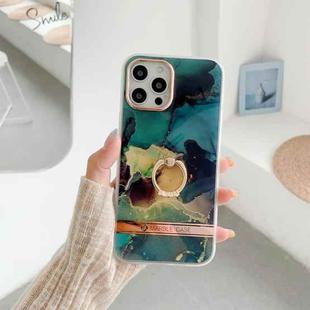 For iPhone 13 Dual-side Laminating IMD Plating Golden Circle Marble Pattern TPU Phone Case with Ring Holder(Green Gilt DX-60)