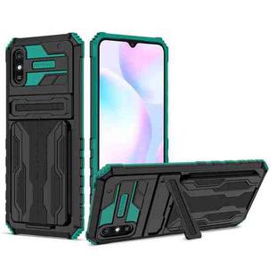 For Xiaomi Redmi 9A Armor Card PC + TPU Shockproof Phone Case with Card Slot & Invisible Holder(Dark Green)