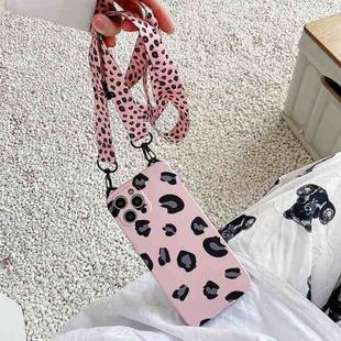 For iPhone 13 Cat Ear Leopard Print TPU Straight Edge Phone Case with Lanyard(Pink)
