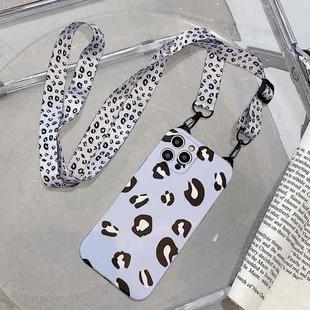 For iPhone 13 Pro Cat Ear Leopard Print TPU Straight Edge Phone Case with Lanyard (Blue Purple)
