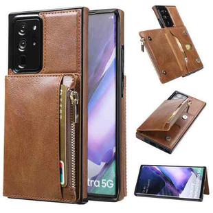 For Samsung Galaxy Note20 Ultra Zipper Wallet Bag PU Back Cover Shockrpoof Phone Case with Holder & Card Slots & Wallet(Brown)