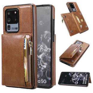 For Samsung Galaxy S20 Ultra Zipper Wallet Bag PU Back Cover Shockrpoof Phone Case with Holder & Card Slots & Wallet(Brown)