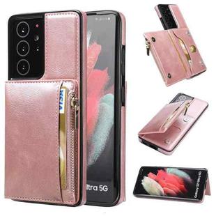 For Samsung Galaxy S21 Ultra 5G Zipper Wallet Bag PU Back Cover Shockrpoof Phone Case with Holder & Card Slots & Wallet(Pink)