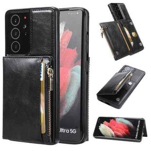 For Samsung Galaxy S21 Ultra 5G Zipper Wallet Bag PU Back Cover Shockrpoof Phone Case with Holder & Card Slots & Wallet(Black)