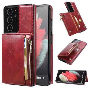 For Samsung Galaxy S21 Ultra 5G Zipper Wallet Bag PU Back Cover Shockrpoof Phone Case with Holder & Card Slots & Wallet(Red)