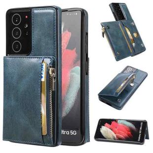 For Samsung Galaxy S21 Ultra 5G Zipper Wallet Bag PU Back Cover Shockrpoof Phone Case with Holder & Card Slots & Wallet(Blue)