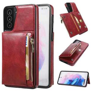 For Samsung Galaxy S21 5G Zipper Wallet Bag PU Back Cover Shockrpoof Phone Case with Holder & Card Slots & Wallet(Red)