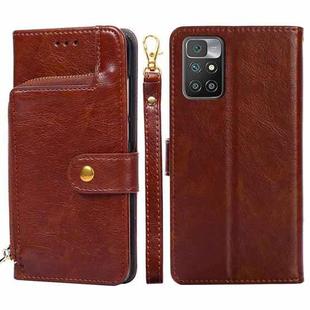For Xiaomi Redmi 10 Zipper Bag Horizontal Flip Leather Phone Case with Holder & Card Slots & Lanyard(Brown)