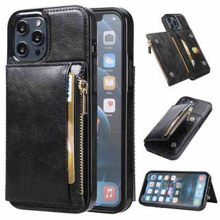 For iPhone 13 Pro Max Zipper Wallet Bag PU Back Cover Shockrpoof Phone Case with Holder & Card Slots & Wallet (Black)