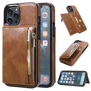 For iPhone 12 Pro Max Zipper Wallet Bag PU Back Cover Shockrpoof Phone Case with Holder & Card Slots & Wallet(Brown)