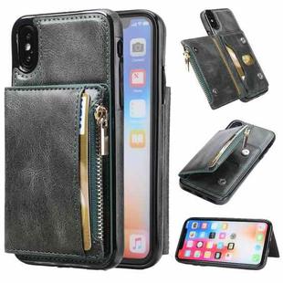 For iPhone X / XS Zipper Wallet Bag PU Back Cover Shockrpoof Phone Case with Holder & Card Slots & Wallet(Green)