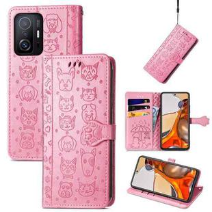 For Xiaomi Mi 11T / 11T Pro Cat and Dog Embossed Horizontal Flip Phone Leather Case with Holder & Card Slot & Wallet & Lanyard(Pink)