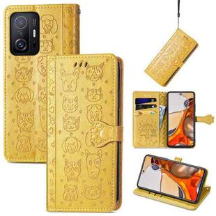For Xiaomi Mi 11T / 11T Pro Cat and Dog Embossed Horizontal Flip Phone Leather Case with Holder & Card Slot & Wallet & Lanyard(Yellow)