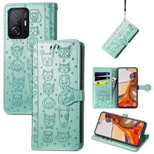 For Xiaomi Mi 11T / 11T Pro Cat and Dog Embossed Horizontal Flip Phone Leather Case with Holder & Card Slot & Wallet & Lanyard(Green)