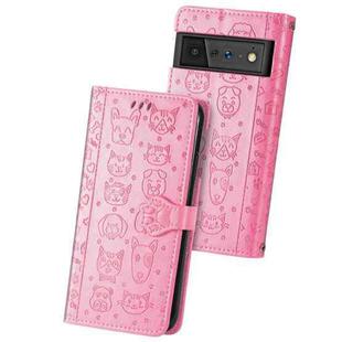 For Google Pixel 6 Cat and Dog Embossed Horizontal Flip Phone Leather Case with Holder & Card Slot & Wallet & Lanyard(Pink)