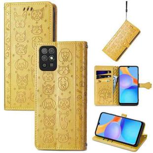 For Honor Play 5T Youth Cat and Dog Embossed Horizontal Flip Phone Leather Case with Holder & Card Slot & Wallet & Lanyard(Yellow)