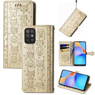 For Honor Play 5T Youth Cat and Dog Embossed Horizontal Flip Phone Leather Case with Holder & Card Slot & Wallet & Lanyard(Gold)